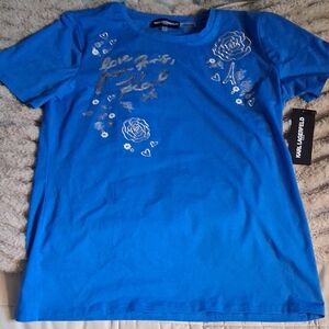 Karl Lagerfeld Blue Tee with Silver Floral Design